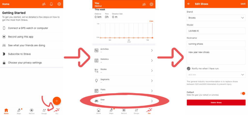 To track the mileage on your running shoes in Strava click on the "You" icon on the main screen then scroll down to "Gear."
