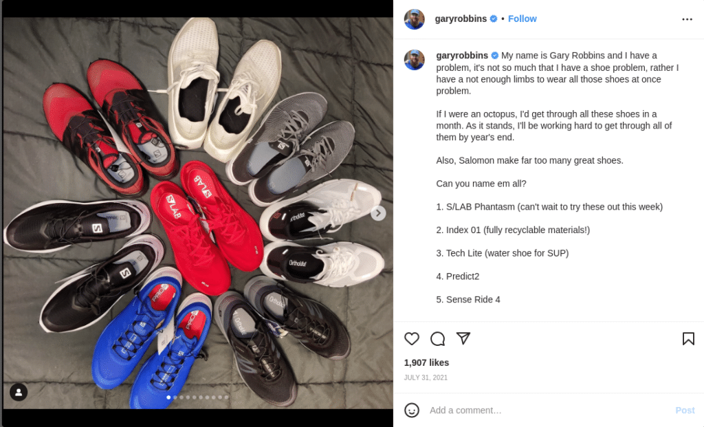 Gary Robbins postes on Instagram showing his collection of new Salomon running shoes.
