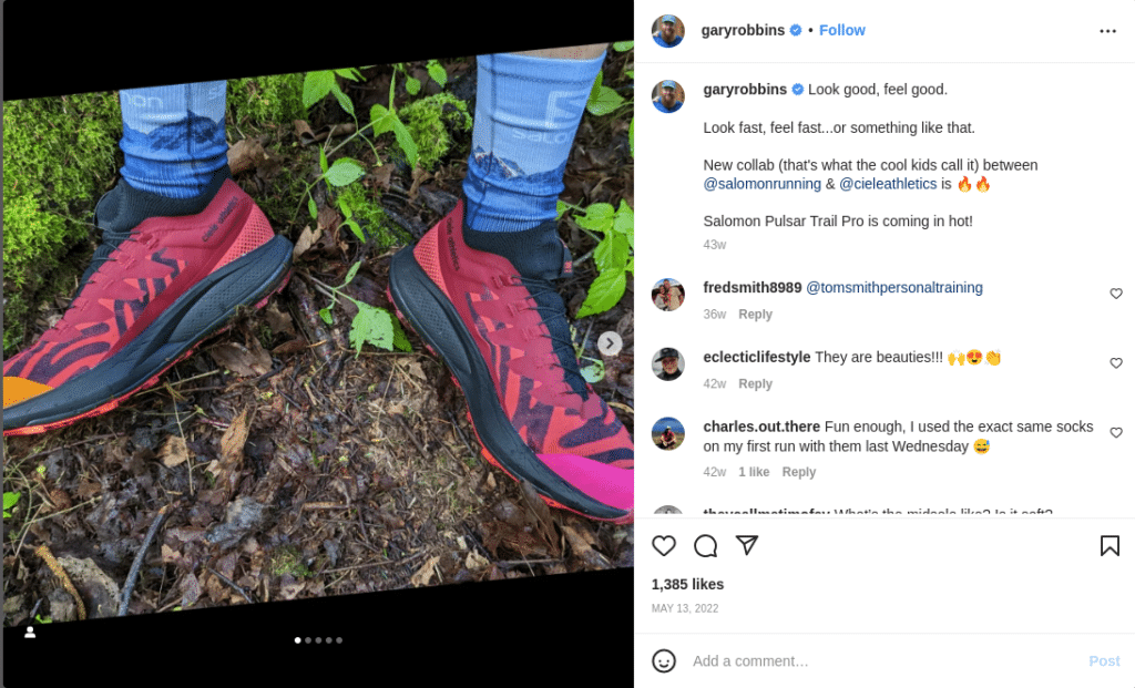Gary Robbins promotes the new collaboration between sponsor Salomon Running and Ciele Athletics on his Instagram. 